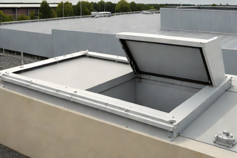 Commercial Roof Hatch Safety Grab Bars & Compression Curb Gasket Weatherproofing on Commercial Telecommunications Central Switching Offices