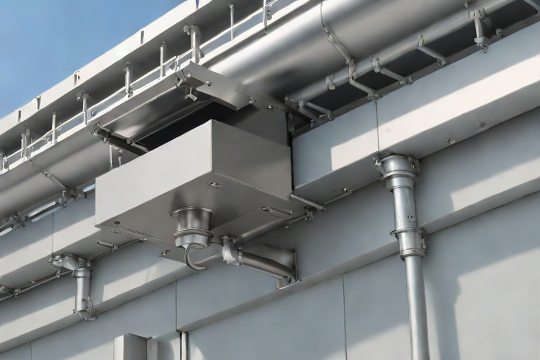 Industrial Drainage Scuppers, Overflow Weirs & Heavy Downspout Expansion Bellows on Commercial Pharmaceutical Production Facilitys