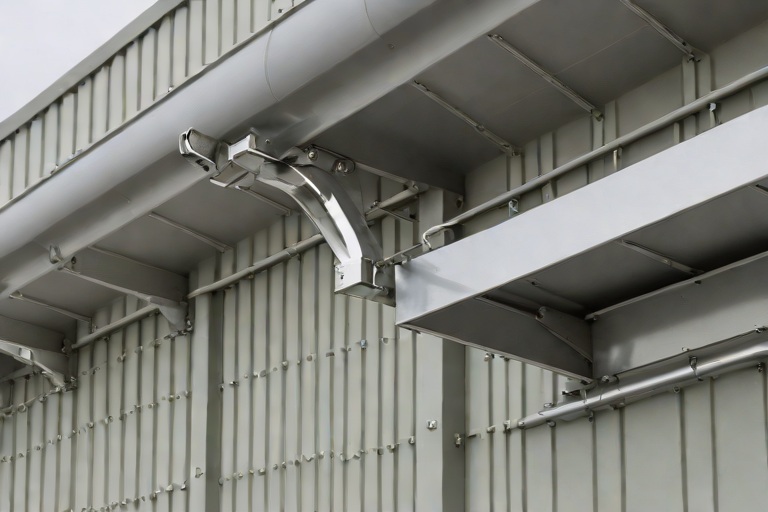 Industrial Drainage Scuppers, Overflow Weirs & Heavy Downspout Expansion Bellows on Commercial Port Marine Shipping Warehouses