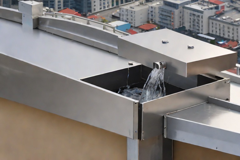 Industrial Drainage Scuppers, Overflow Weirs & Heavy Downspout Expansion Bellows on Commercial High-Rise Commercial Penthouse Towers